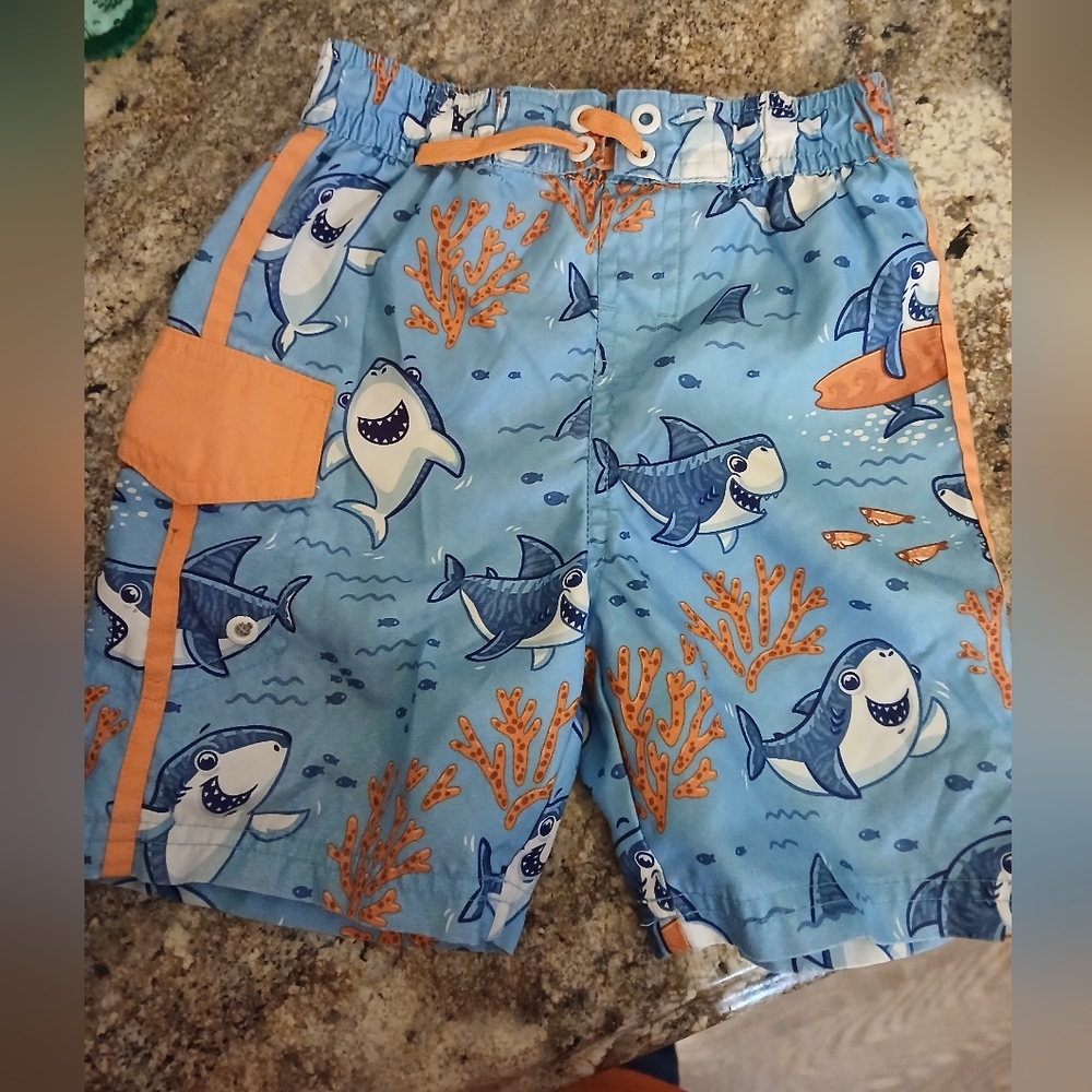 Shark Print Blue and Orange Kids Swim Shorts